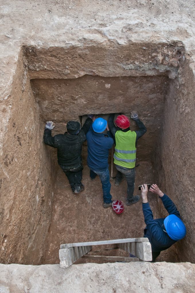 Work in the burial cave. Photo: Photo: Shai Halevi, Israel Antiquities Authority